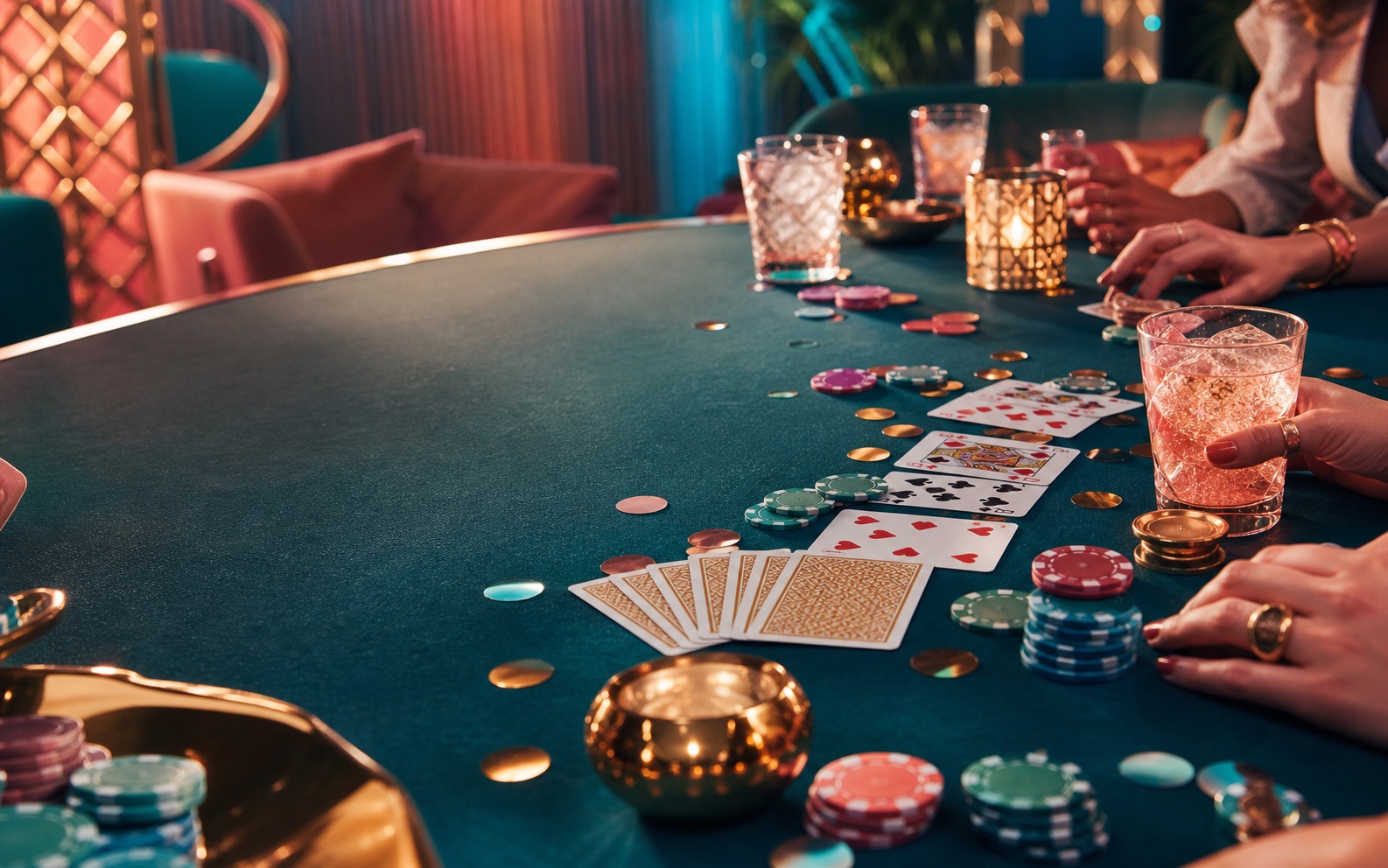 Warm-lit card table with chips and playing cards at a social casino party